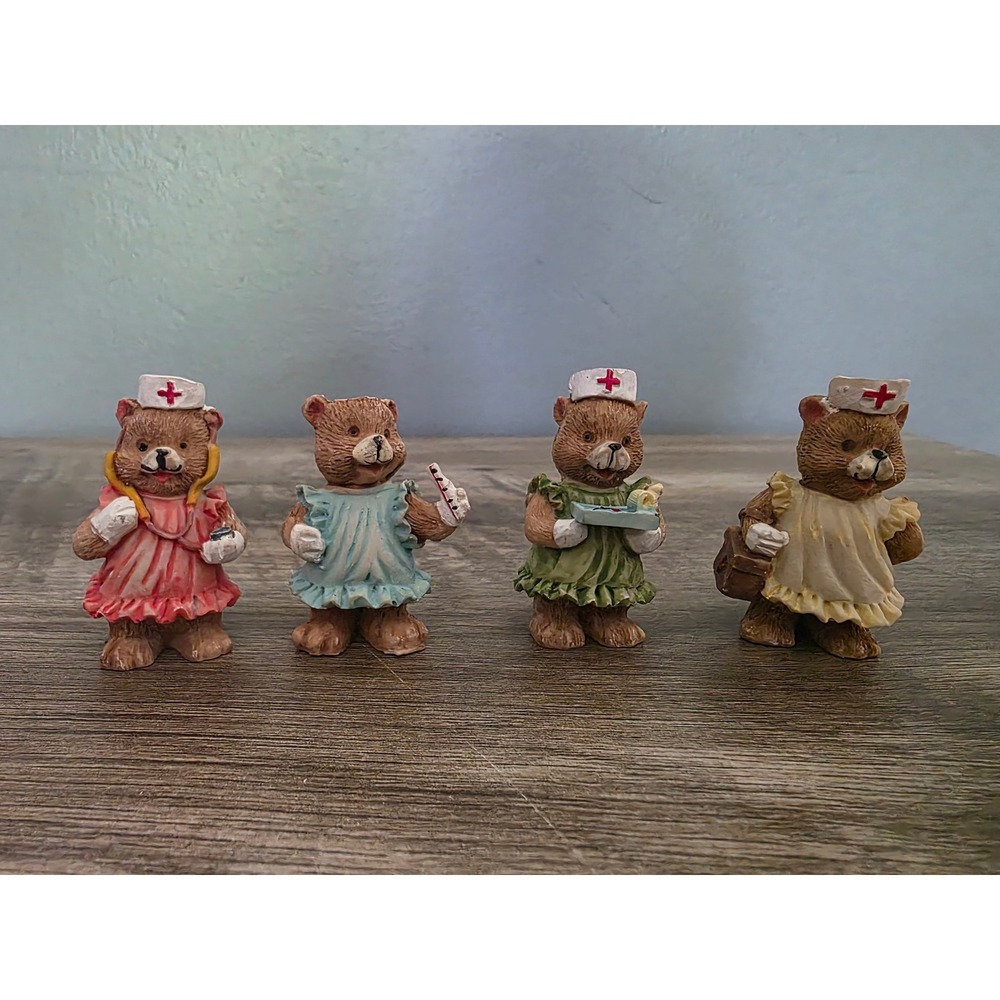 Set of 4 Vintage Style Miniature Nurse Teddy Bear Figurines Medical Decor 2.25in